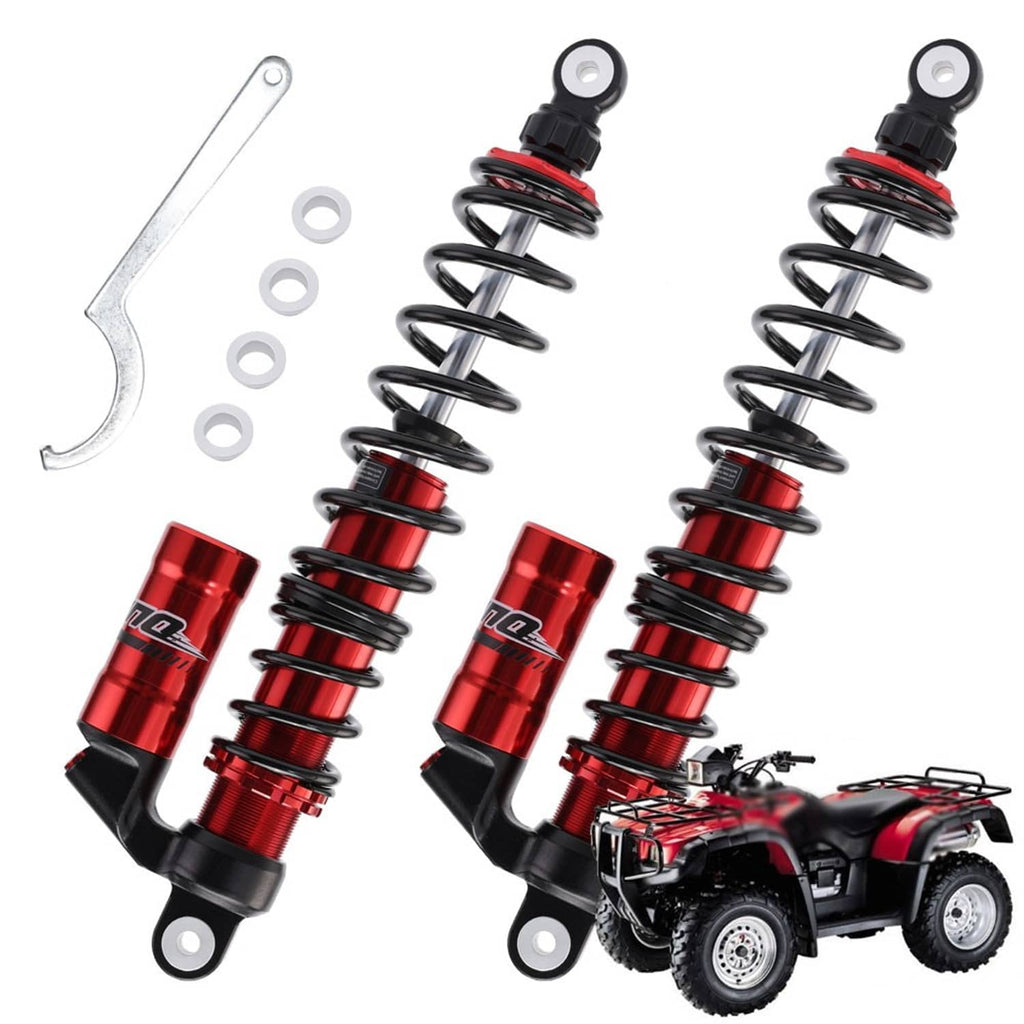 Pair of rear shock absorbers with red anodized reservoirs and black coil springs