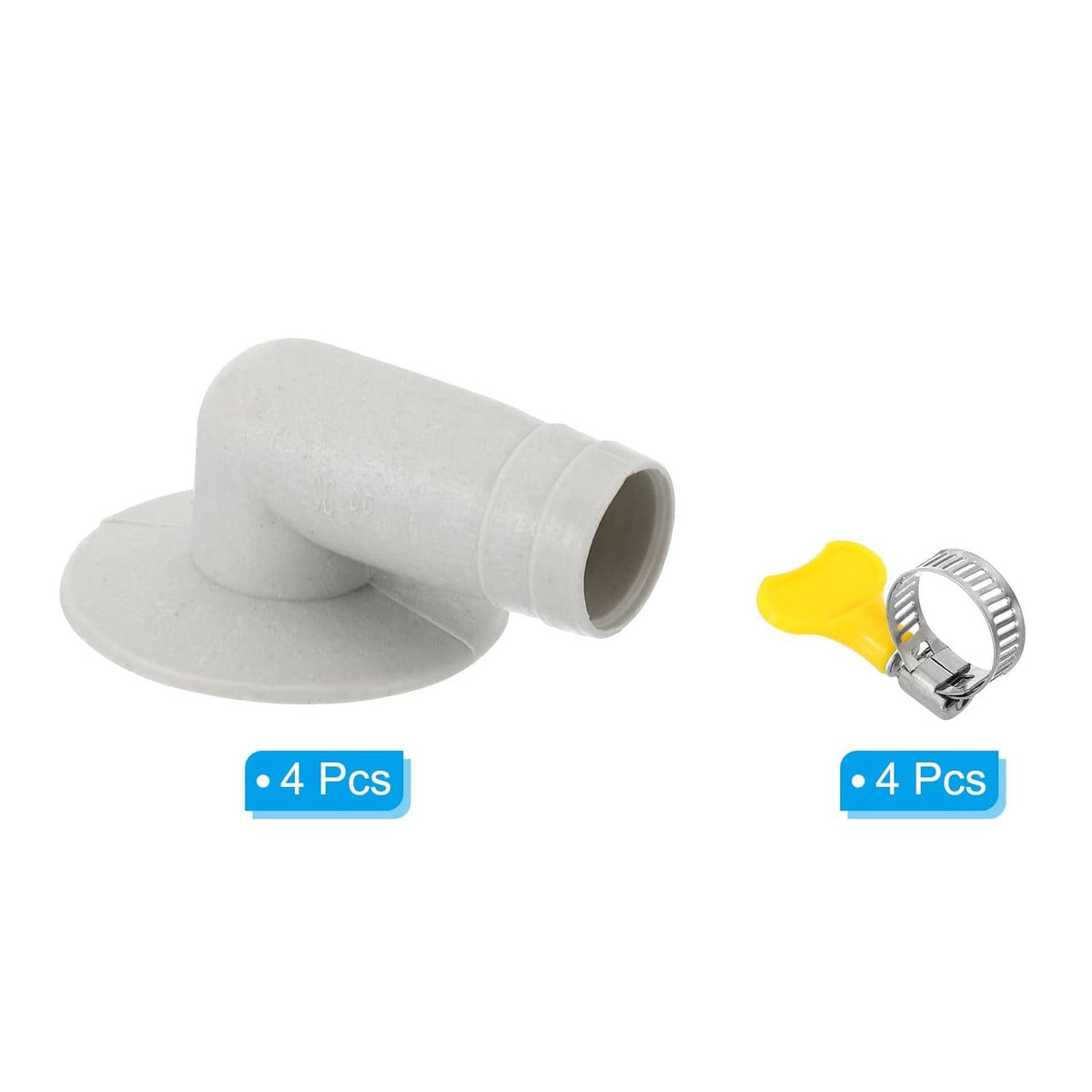 White drain hose connector with flange, metal clamp and yellow tightening knob, 4 pcs