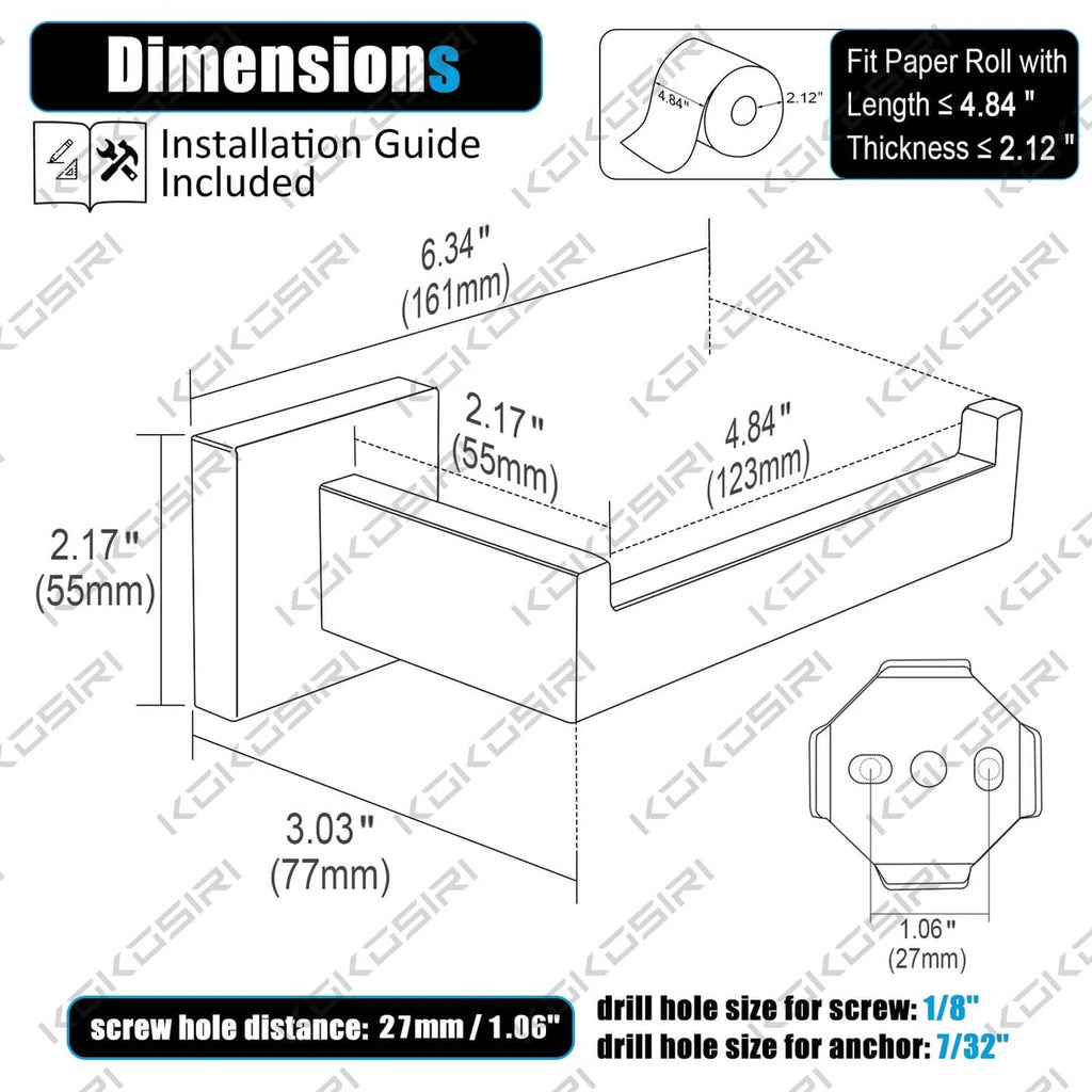 Brushed nickel toilet paper roll holder with mounting hole and size diagram