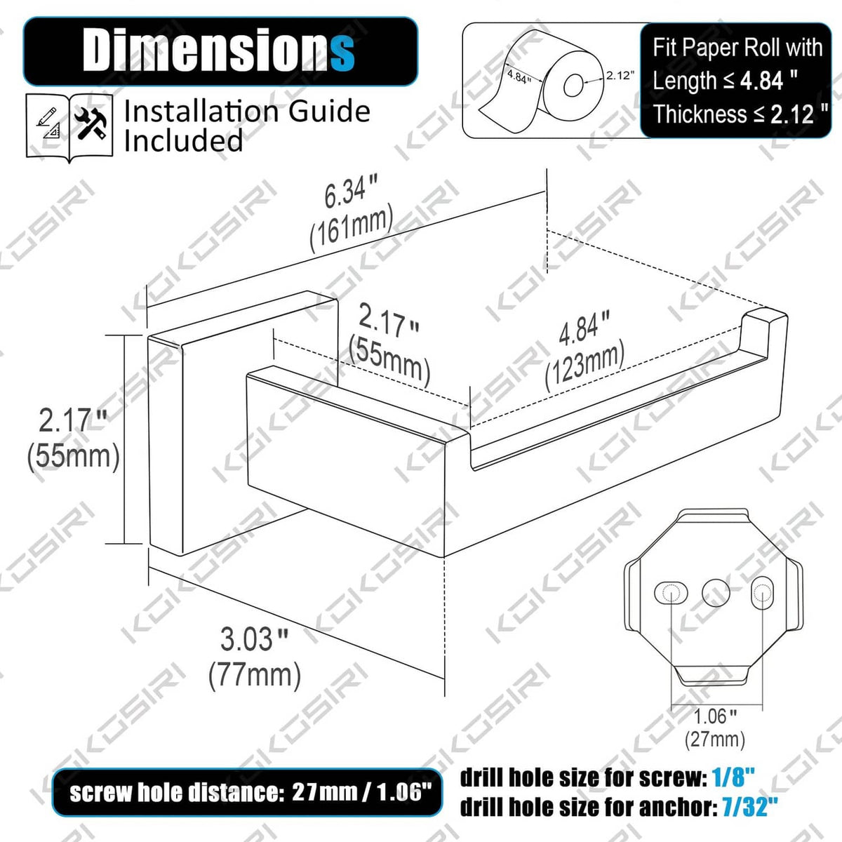 Brushed nickel toilet paper roll holder with mounting hole and size diagram
