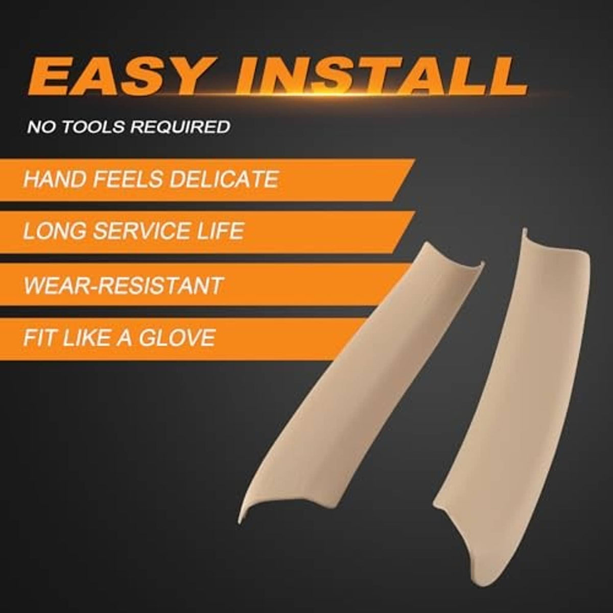 Beige interior door handle pull trim pair, display with install benefits