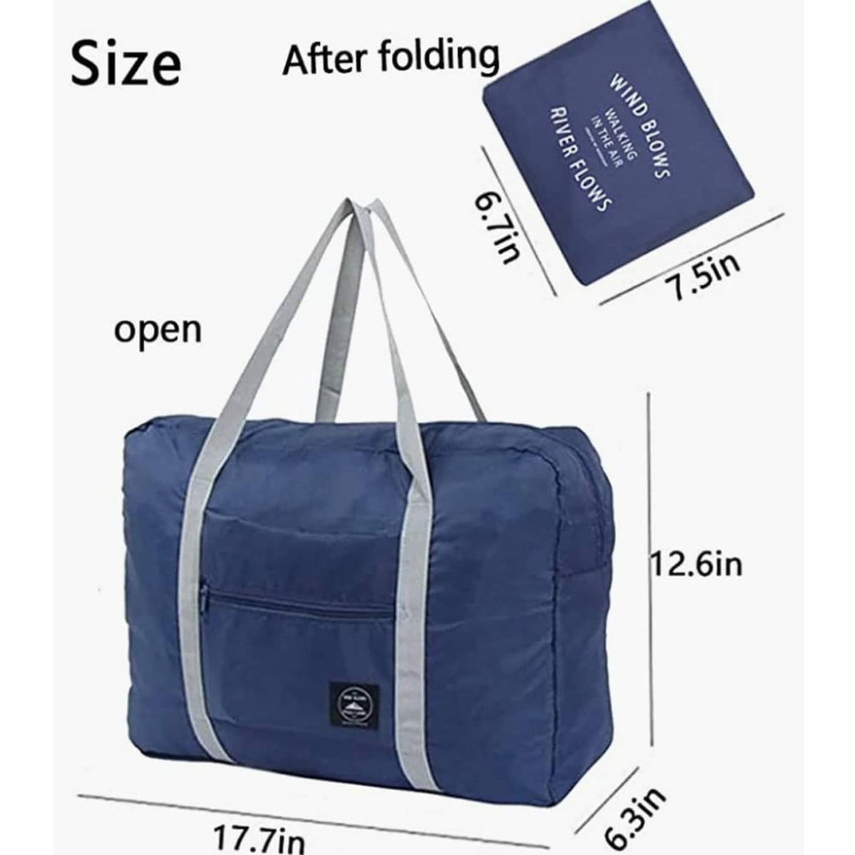 Foldable navy duffel bag with gray handles; includes open and folded size view