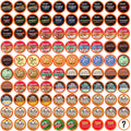 Assorted coffee pods, round flavor labels in a variety pack, assorted colors