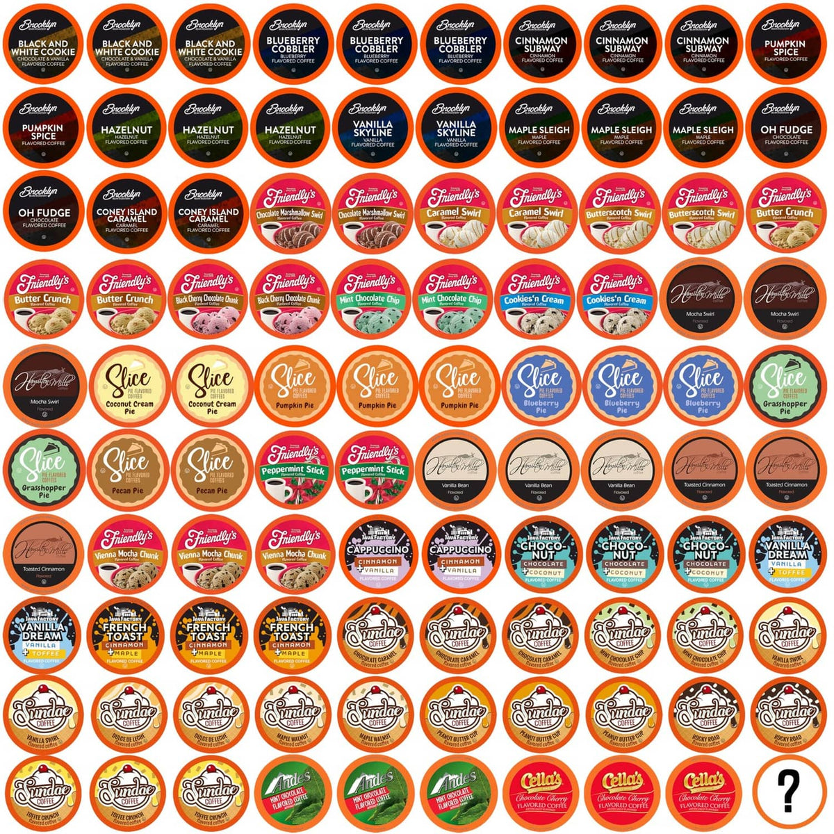 Assorted coffee pods, round flavor labels in a variety pack, assorted colors