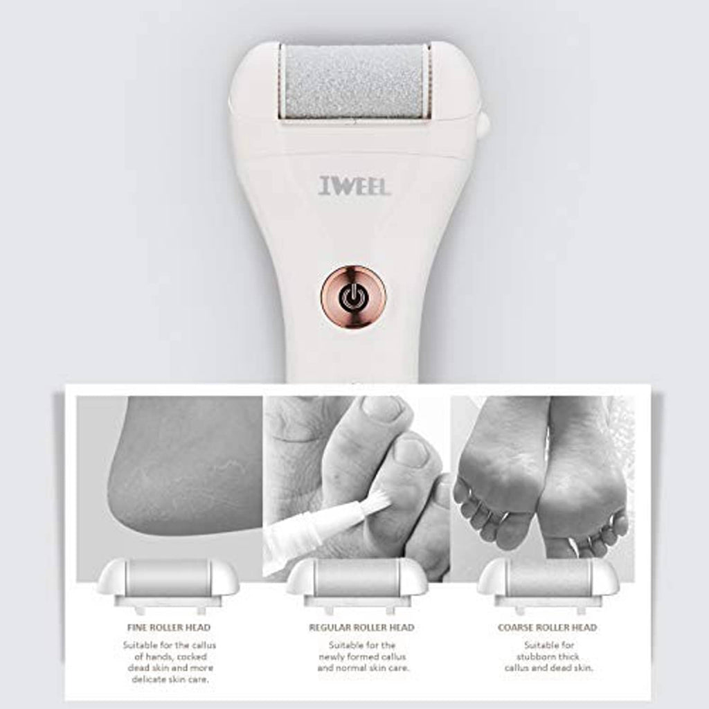 Electric foot callus remover with textured roller head and on/off button; three roller heads shown
