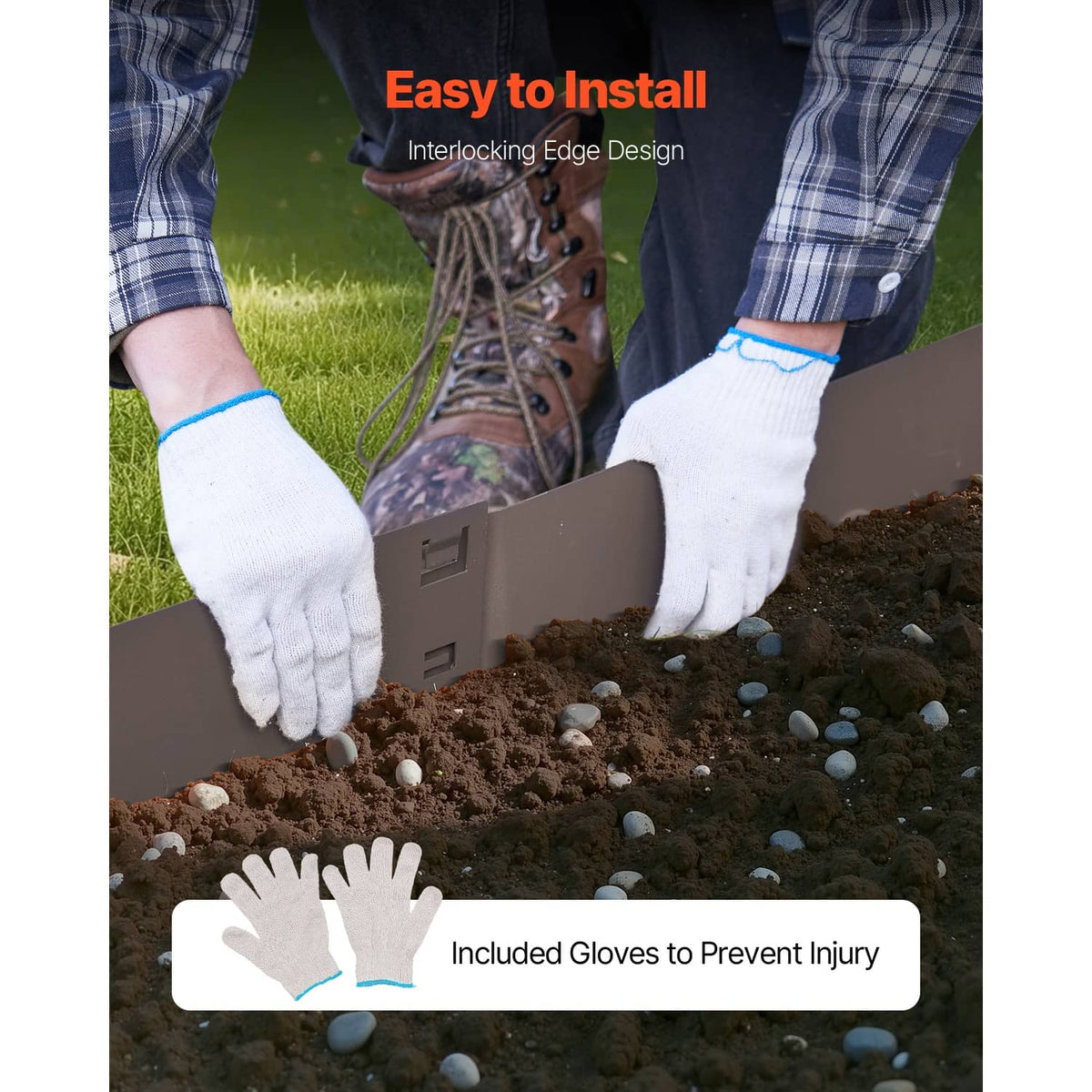 Brown steel edging strip with pointed spikes installed in soil with interlocking sections