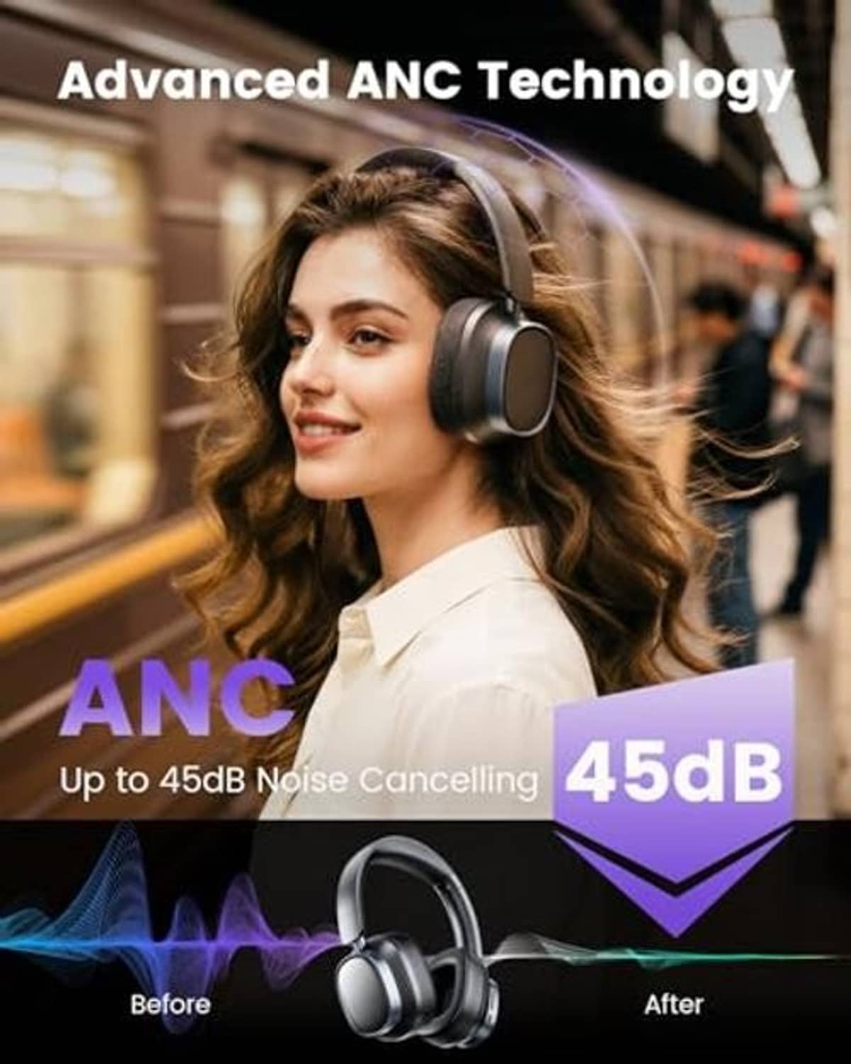 Woman wearing black over-ear wireless noise-cancelling headphones