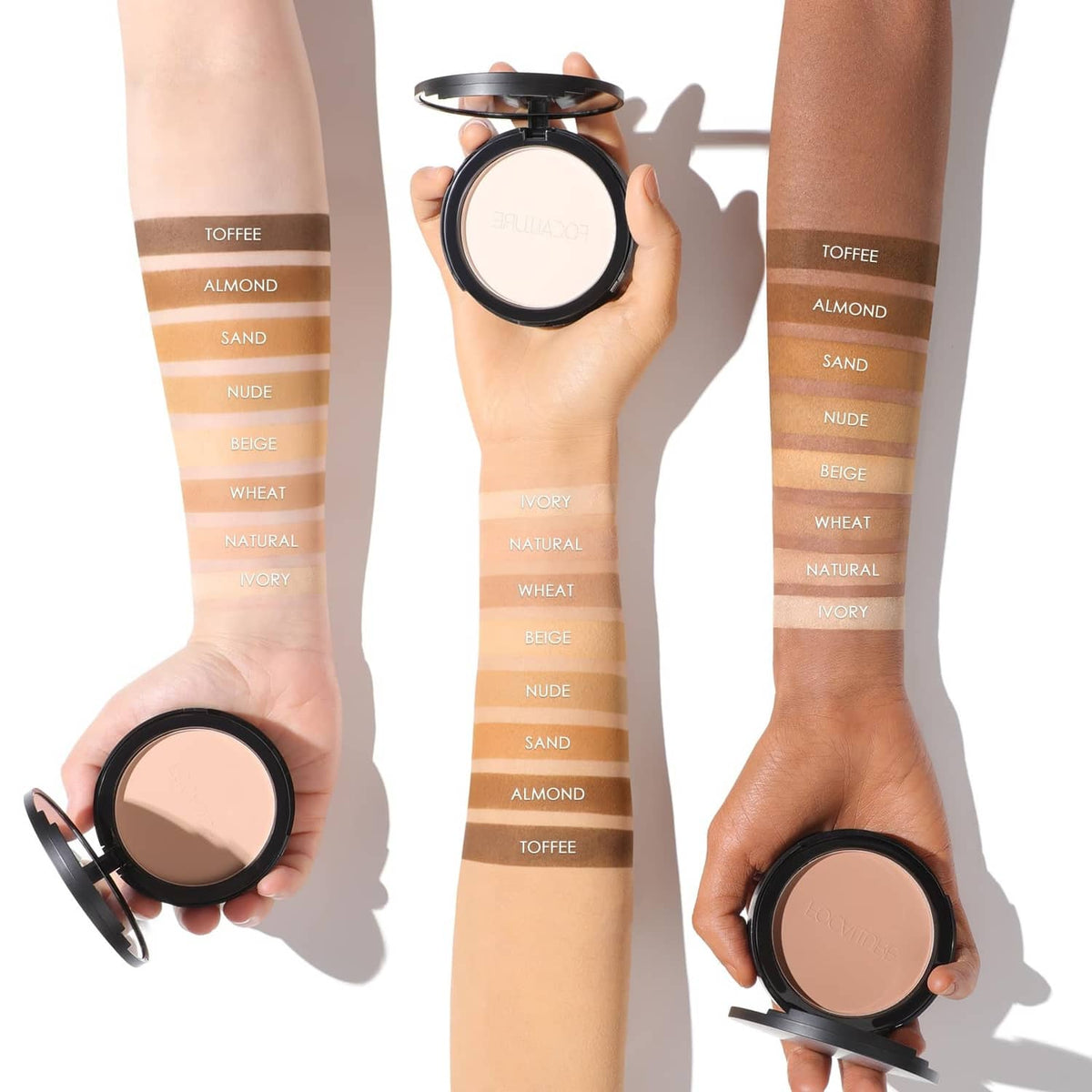 Pressed powder compact and swatch colors on skin with hands holding it