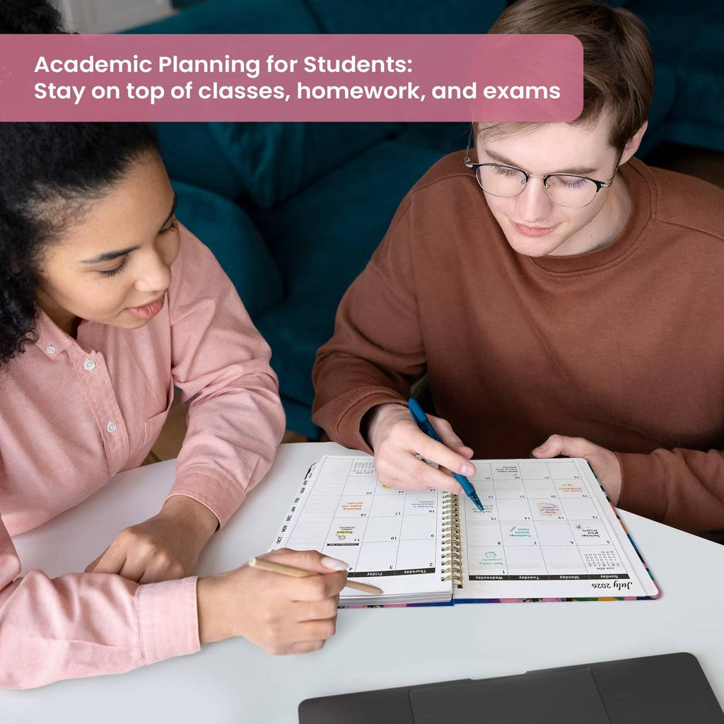 Students writing in a spiral planner with academic schedule layout pages