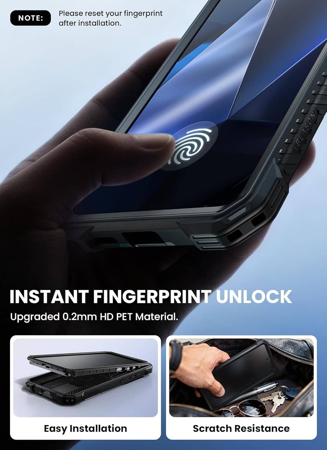 Rugged black Galaxy S26 Ultra case with fingerprint unlock and anti-scratch finish