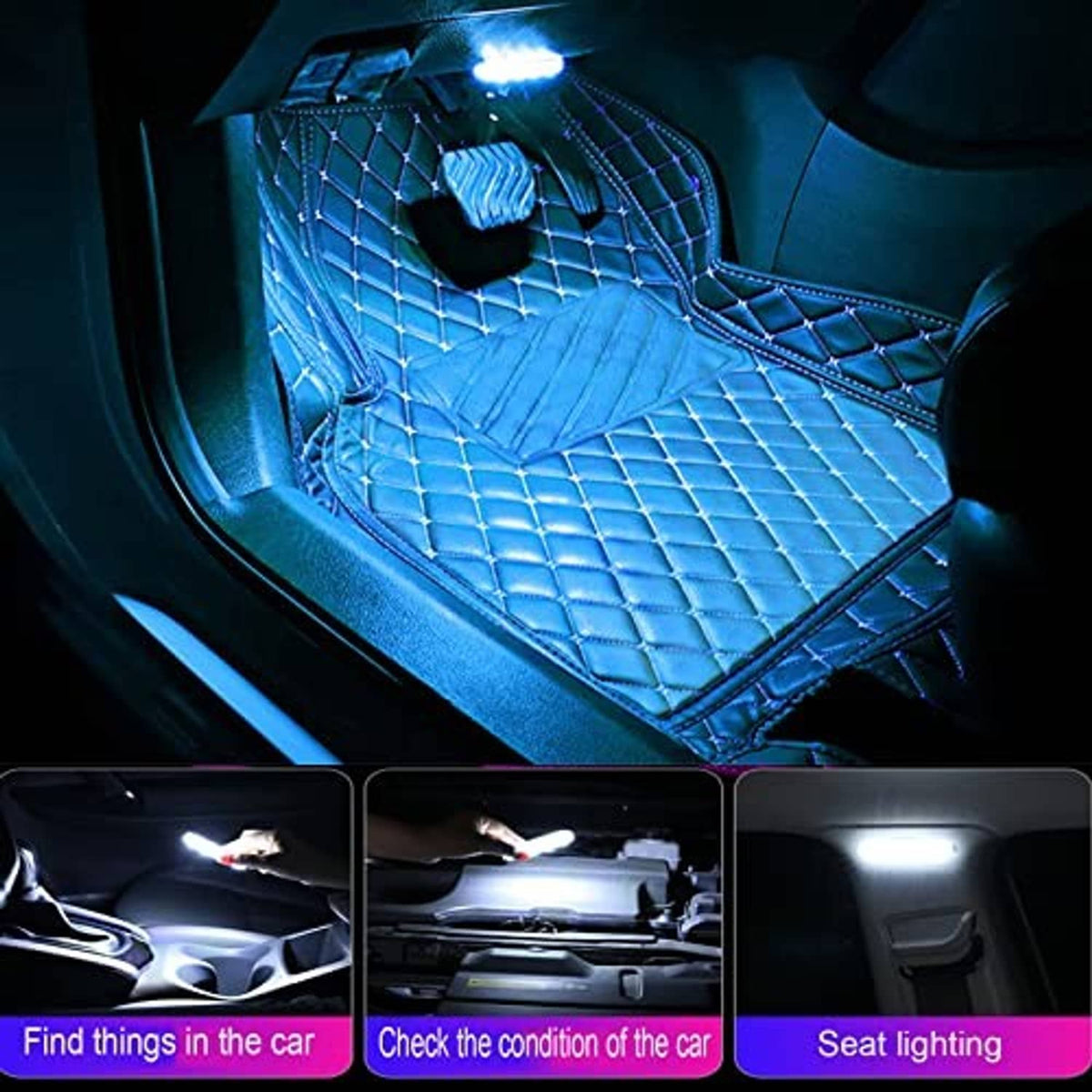Ice blue LED lighted car floor mat and seat area with glowing patterns