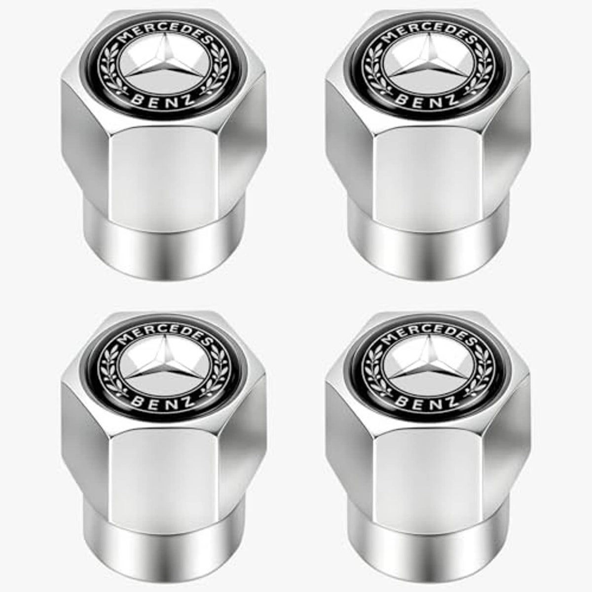 Set of silver tire valve stem caps with Mercedes-Benz emblem and black outer ring