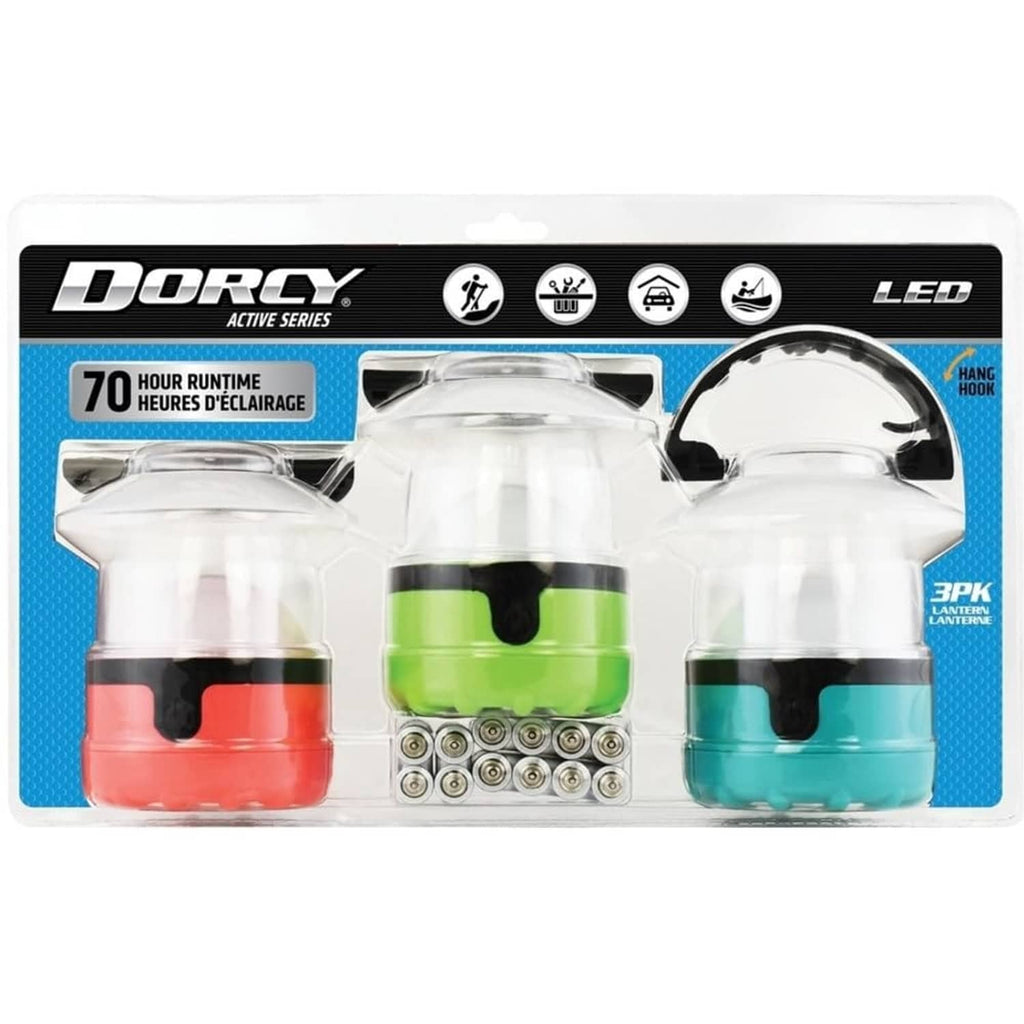 3-pack LED mini lantern blister pack with green, red, and teal lanterns