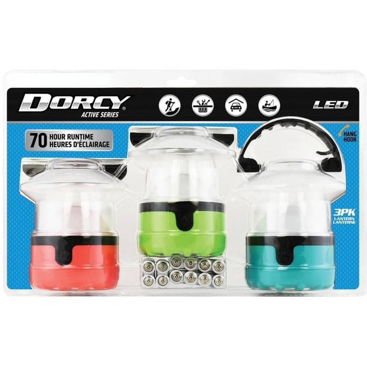 3-pack LED mini lantern blister pack with green, red, and teal lanterns