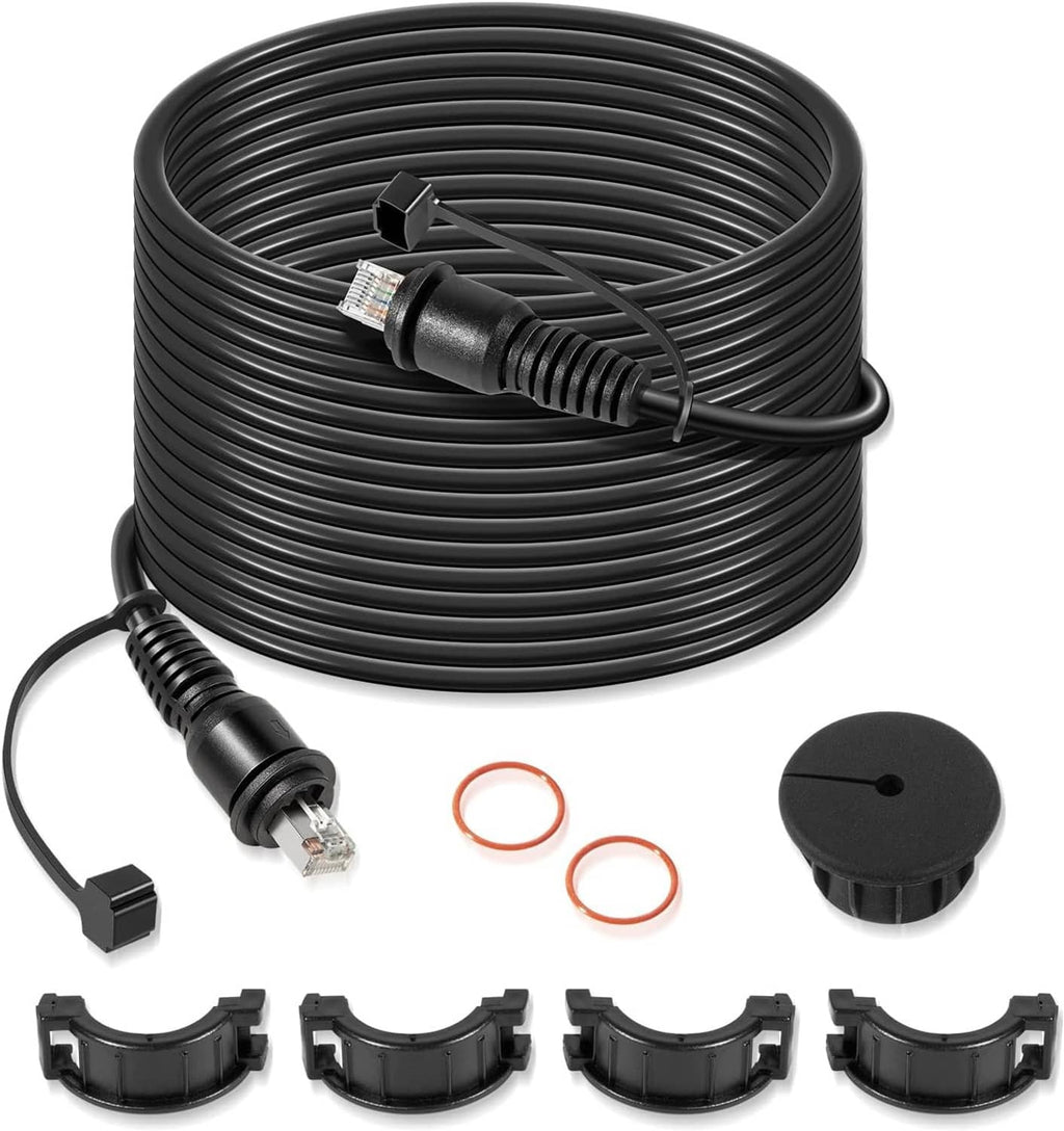 Coiled marine network cable kit with RJ45 plugs, O-rings, split connectors, and cap