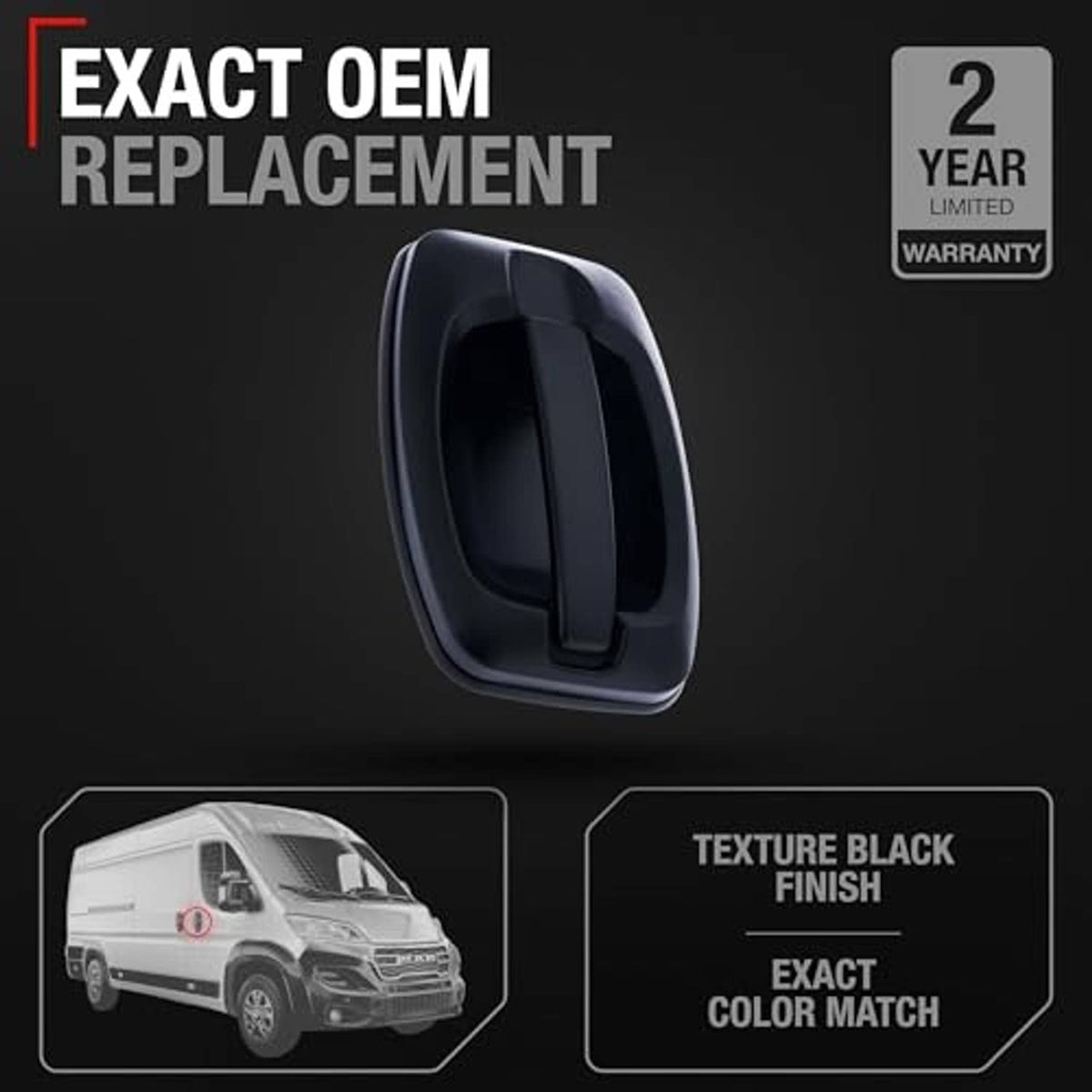 Black exterior door handle without keyhole, shown in 3D on dark background