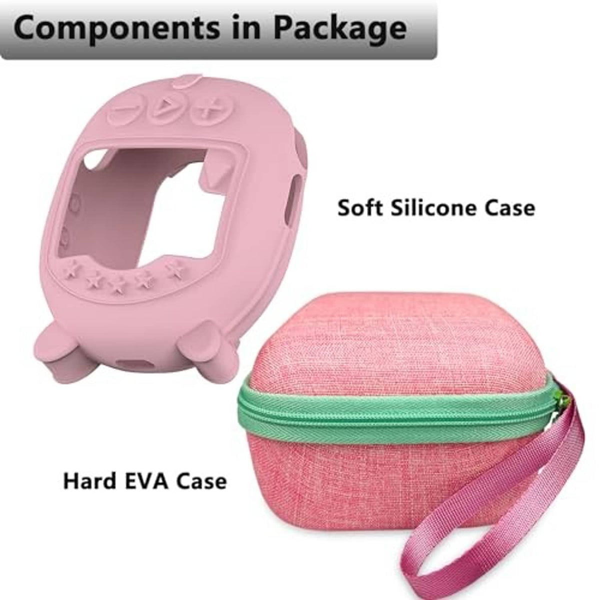 Pink silicone speaker cover and round hard EVA case with mint zipper trim