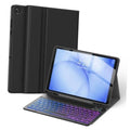 Black folio keyboard case with tablet and attached backlit keyboard