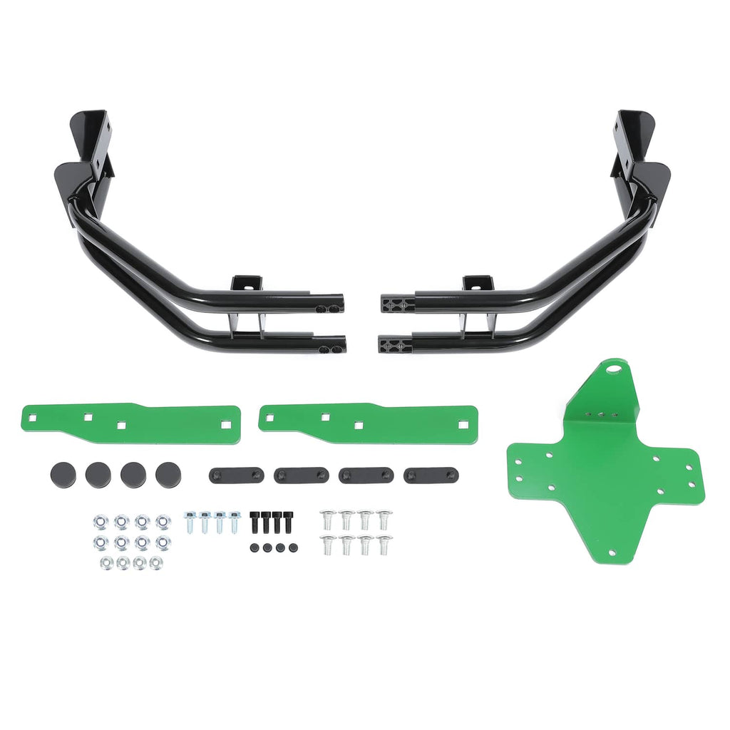 Black bumper bar, green mounting plates, and included bolts and brackets kit