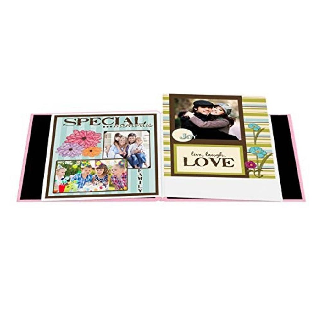 Open pink postbound memory book with photo pages and "SPECIAL" "LOVE" cards