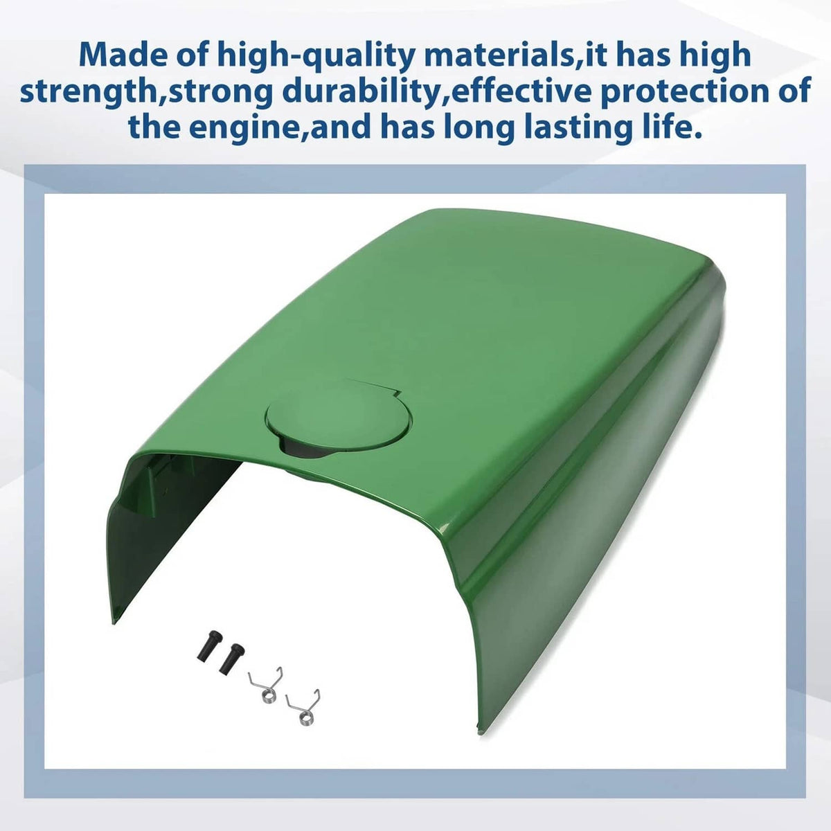 Green tractor upper hood with circular fuel door opening and small mounting parts