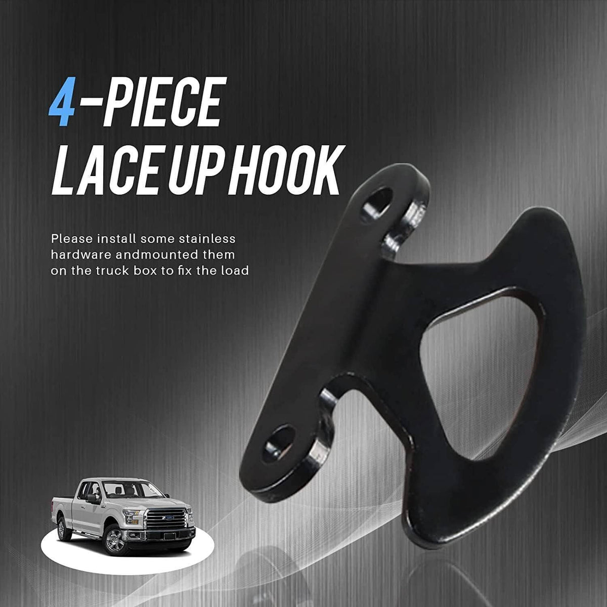 Black 4-piece lace-up style truck bed tie-down hook anchors with mounting holes