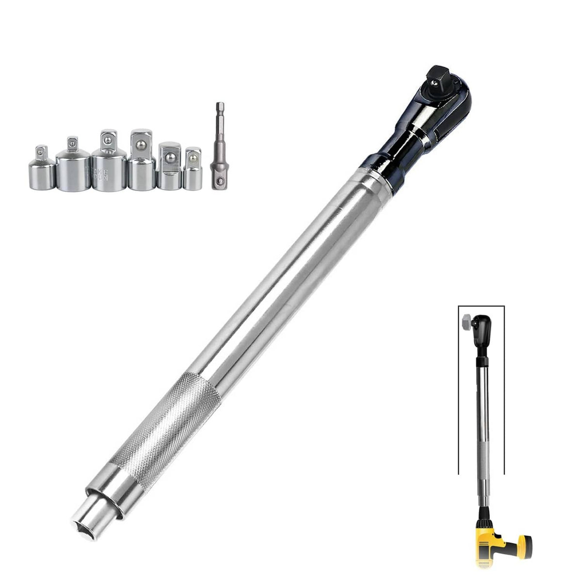 Silver offset impact extension wrench with knurled grip and offset socket end
