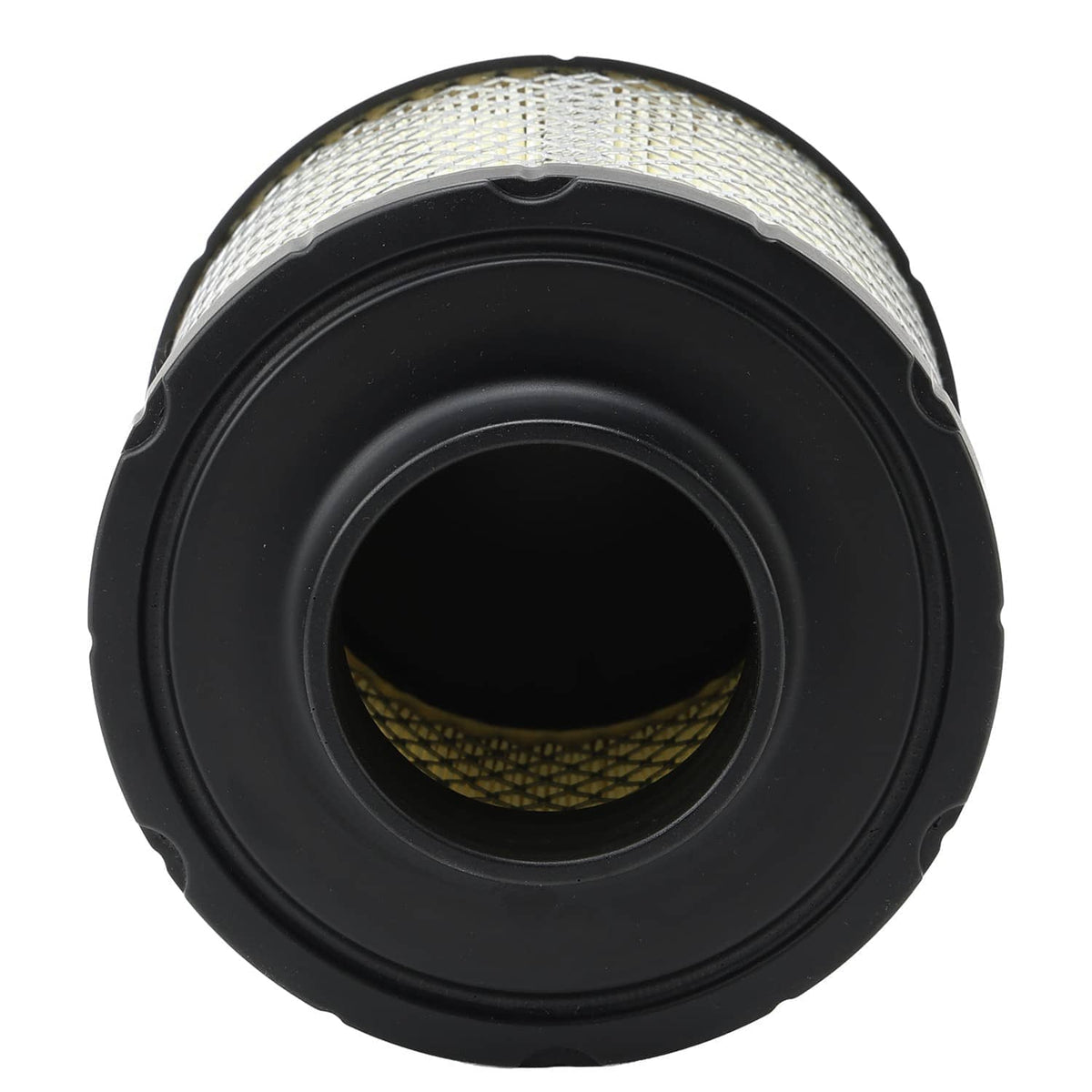 Air filter with black plastic housing and visible mesh inlet opening