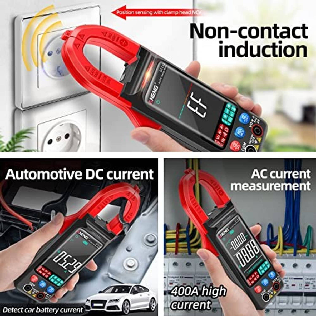 Red clamp multimeter near wall outlet for non-contact induction current measurement