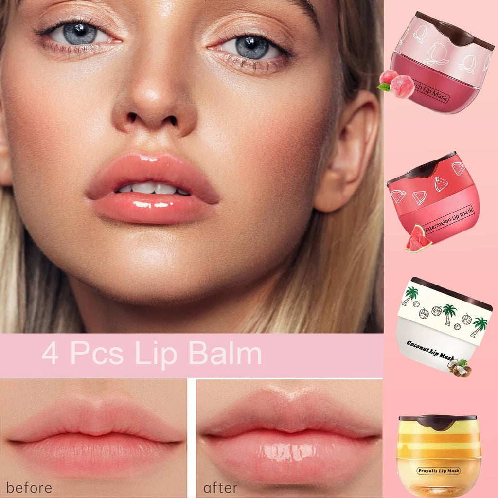 TIRDET lip mask balm set with peach and watermelon pots near styled lips