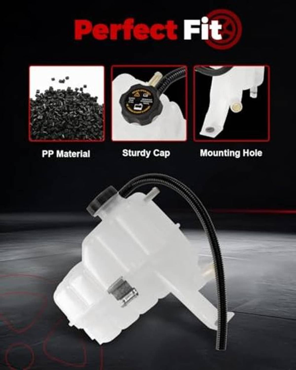 White coolant reservoir tank with sensor and sturdy black cap plus mounting hole