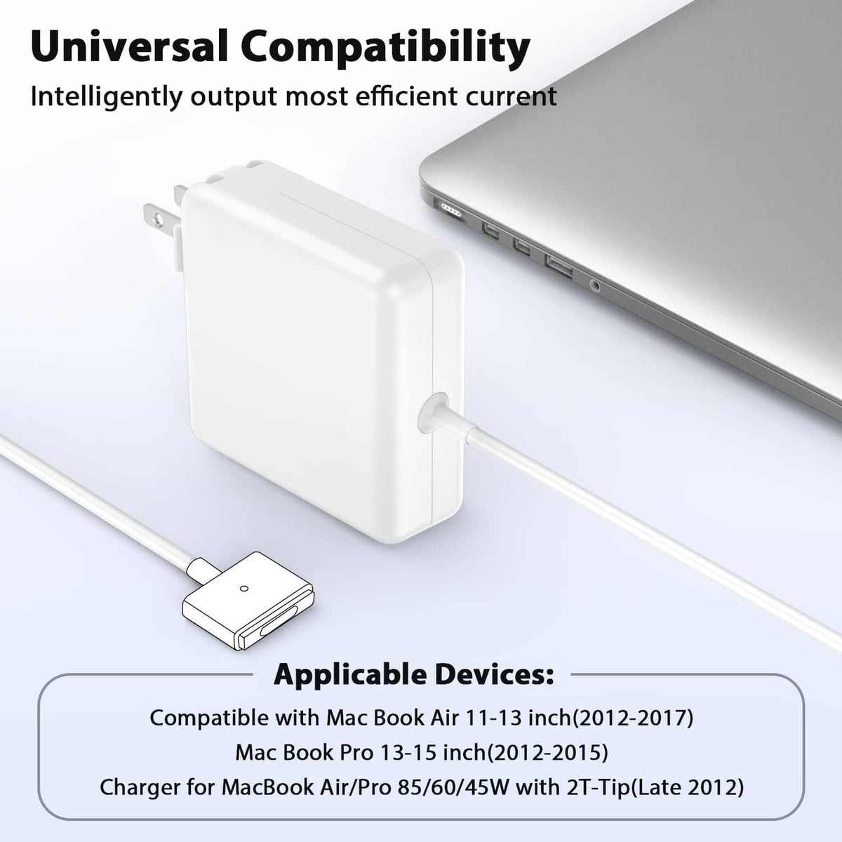 White 85W power adapter with magnetic T-tip connector and charging cable
