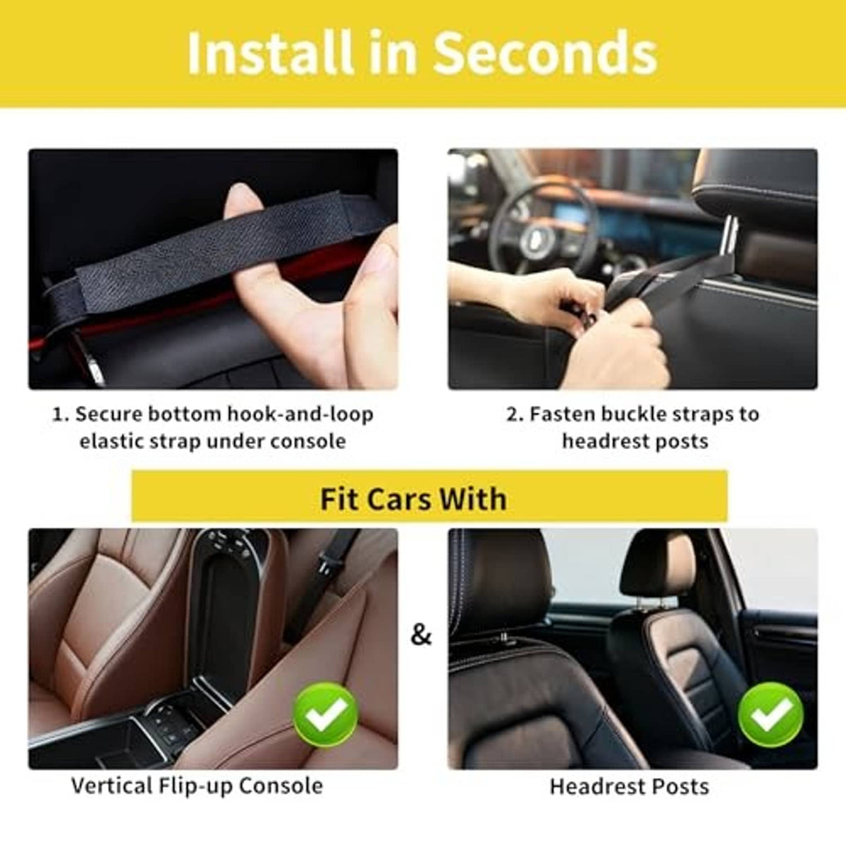 Black between-seat car organizer with hook-and-loop straps for headrest installation