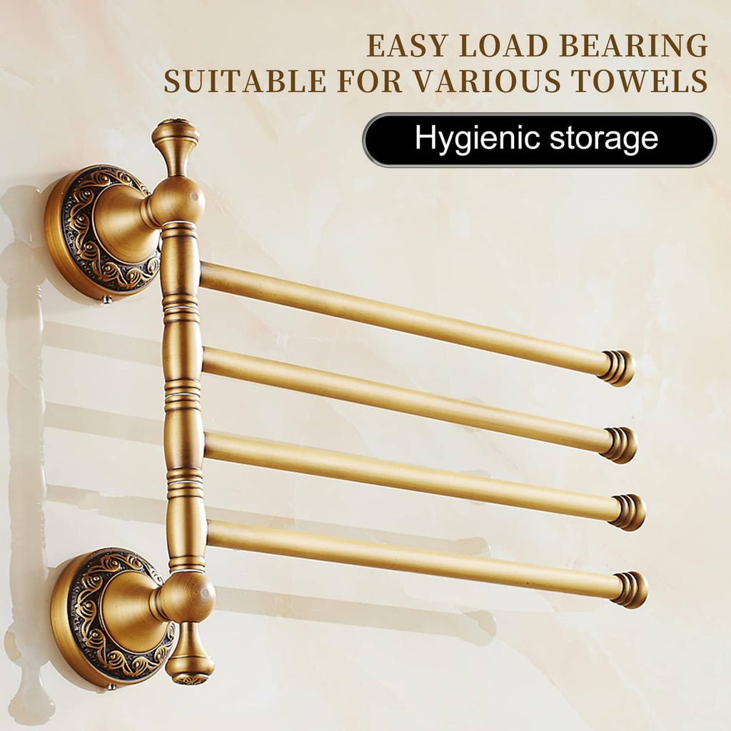Wall-mounted 4-bar towel rack, antique bronze, with decorative round wall mounts.