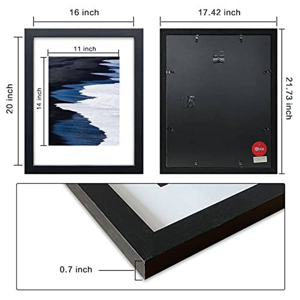 Two picture frames with dimensions shown, including white mat and frame profile