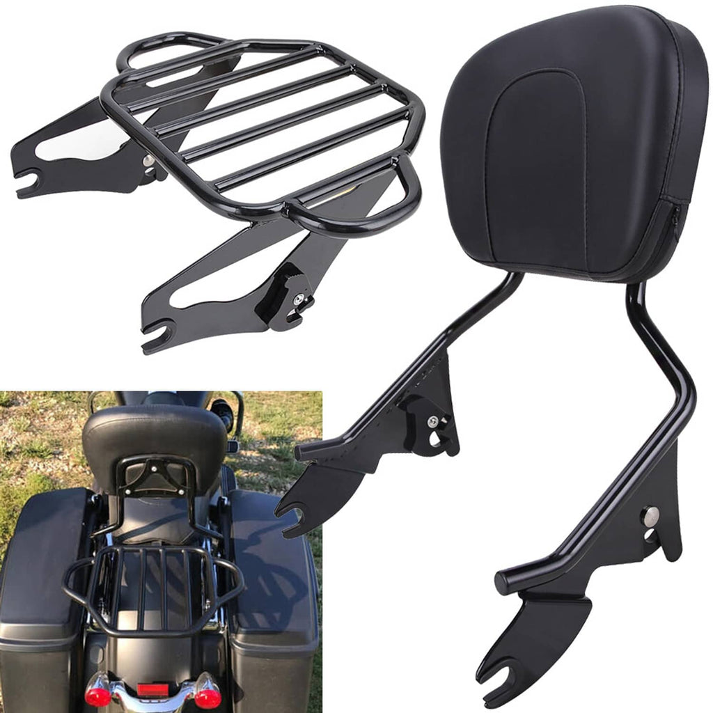 Motorcycle backrest and steel luggage rack set with black pad and mounting brackets