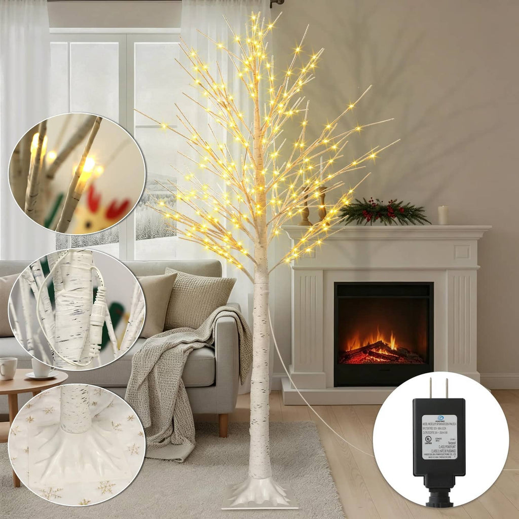 6 ft LED lighted birch tree decoration with warm white lights; detail views shown