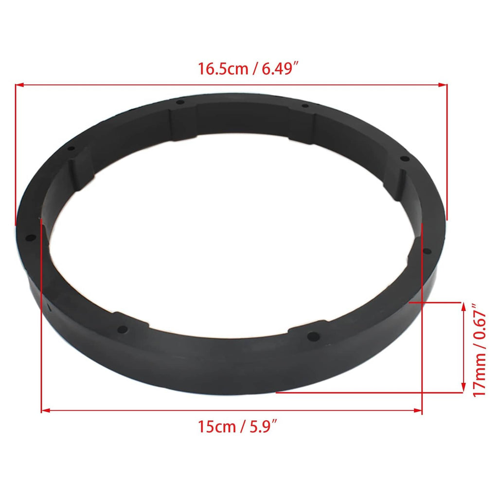 Universal 6.5-inch speaker spacer ring, black, with size dimensions diagram