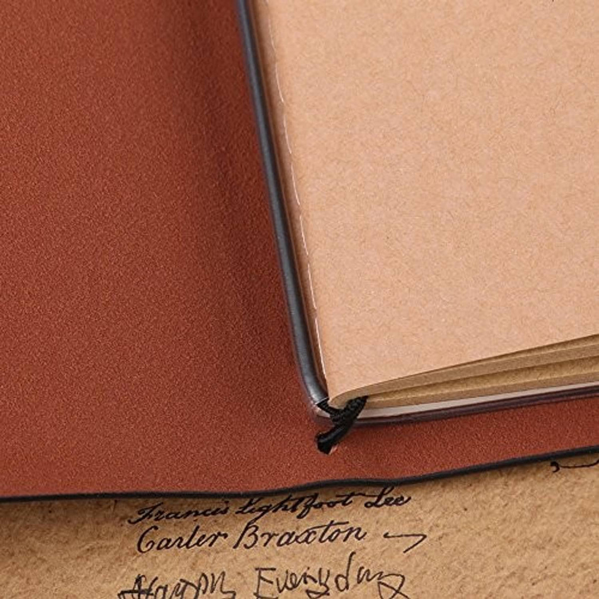 Black PU leather notebook corner with elastic strap and vintage paper pages