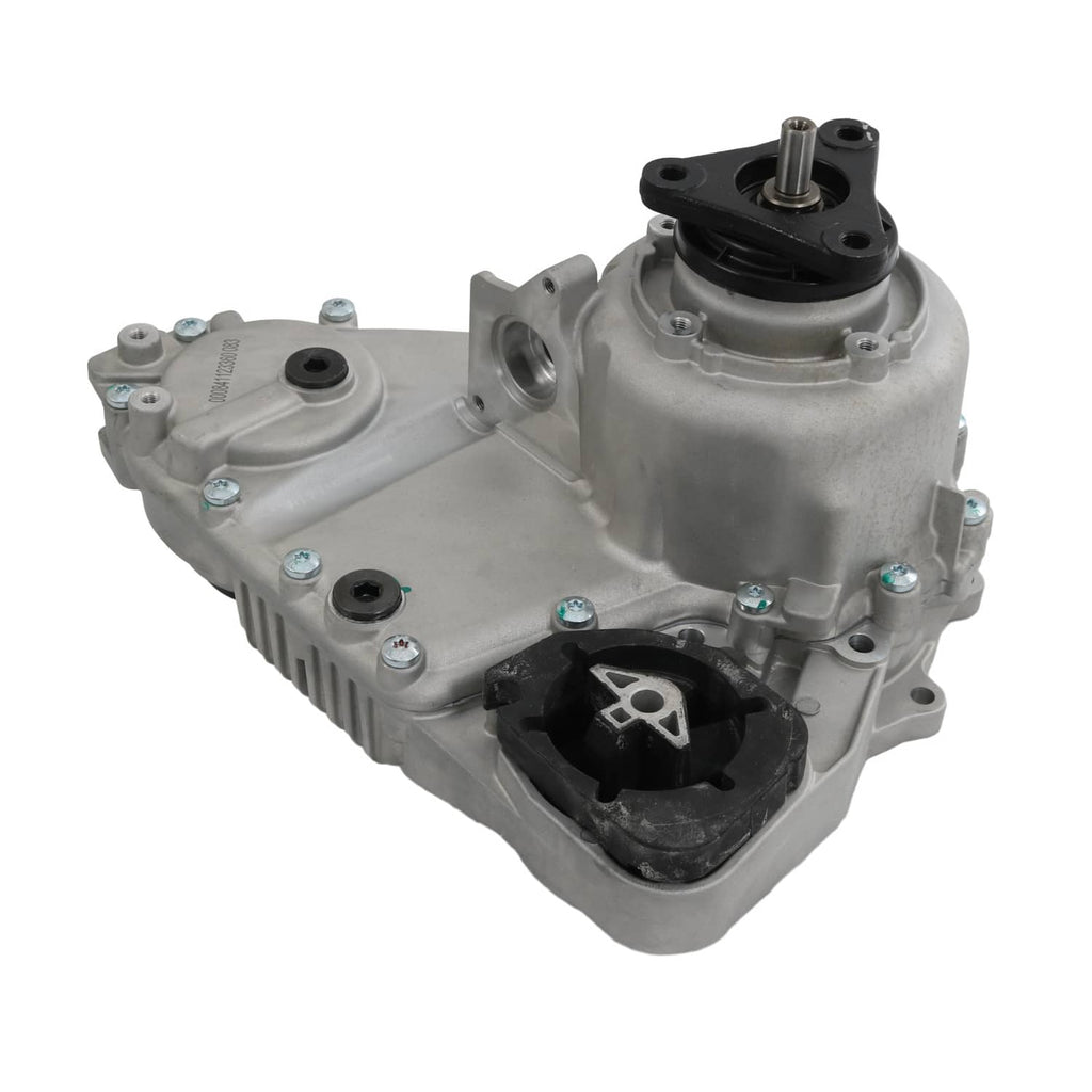 Transfer case assembly, gray gearbox body with black rubber mount and exposed ports