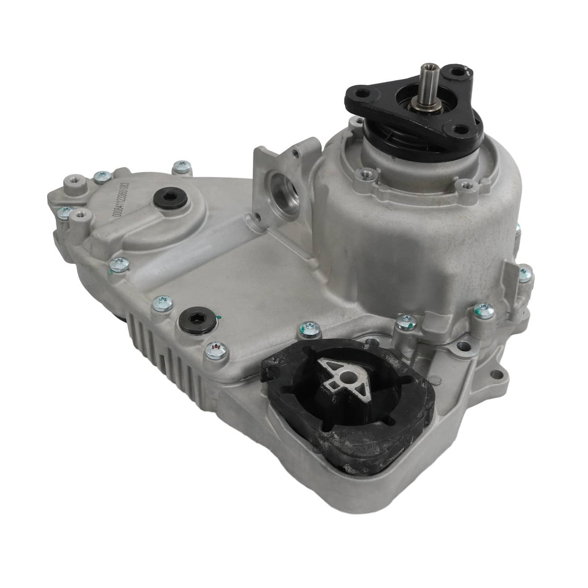 Transfer case assembly, gray gearbox body with black rubber mount and exposed ports