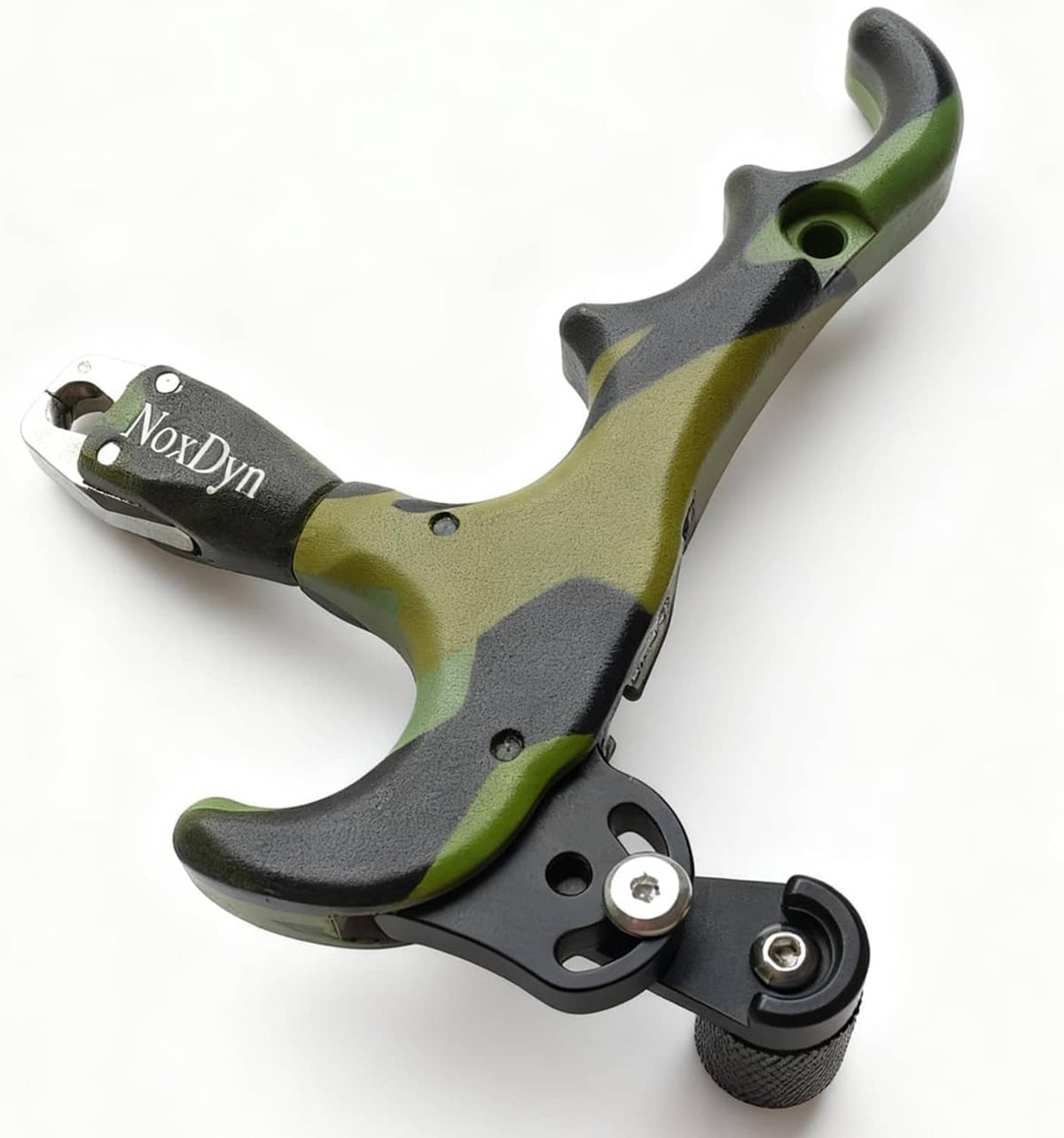 Camo green/black archery thumb release with black textured thumb pad, metal jaw, NoxDyn