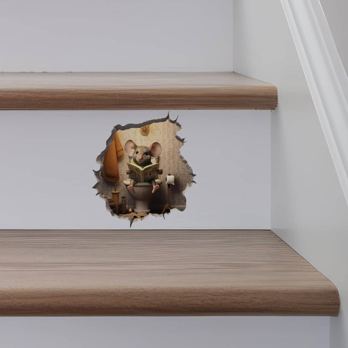 Mouse in toilet-hole decal sticker on wall steps corner with gray torn-edge border