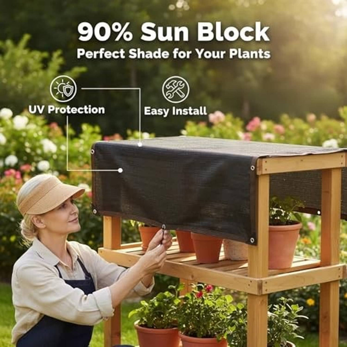 Black mesh shade cloth panel with grommets, draped over garden bench on wooden frame.