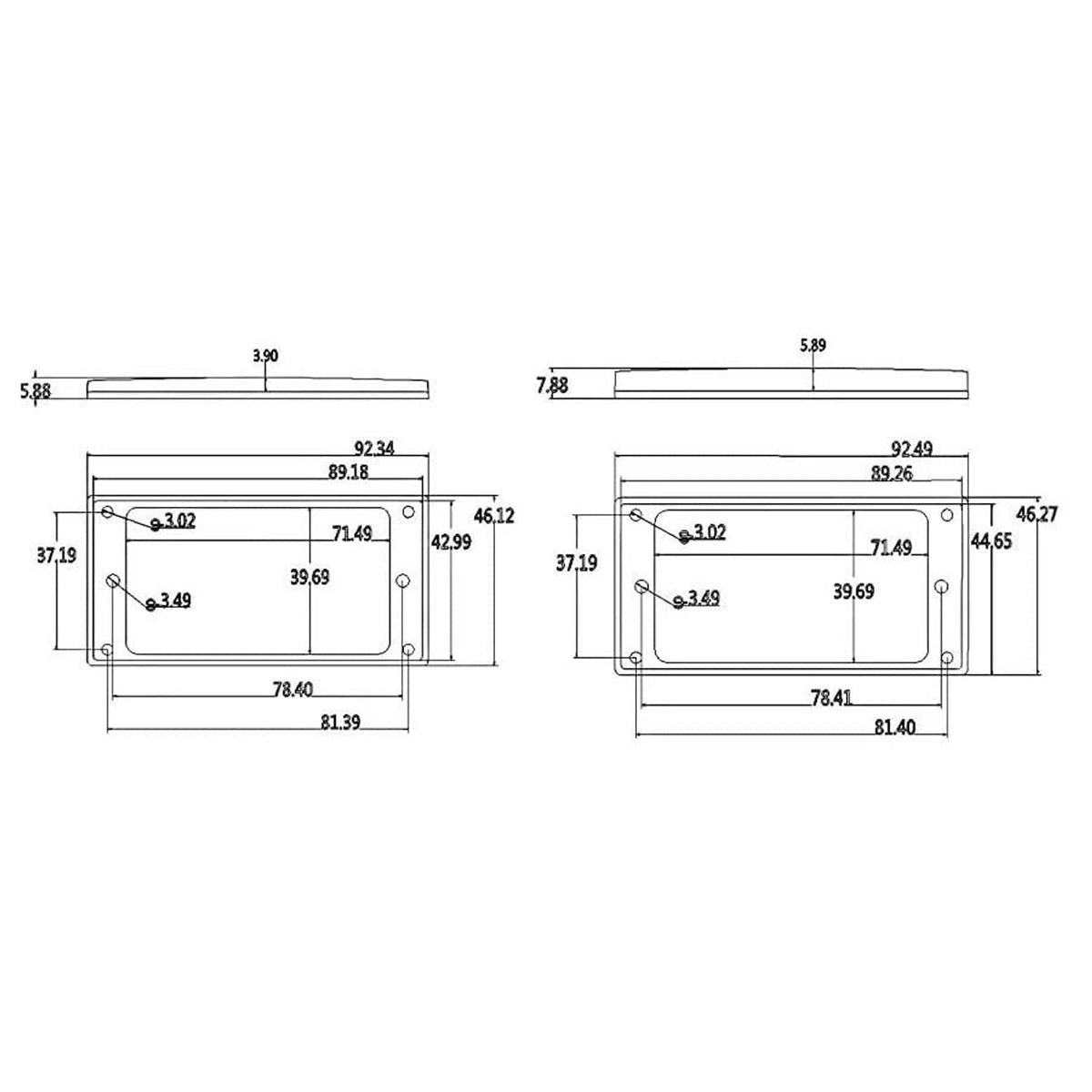 Mounting ring set size diagram for humbucker pickups, two rose red frames