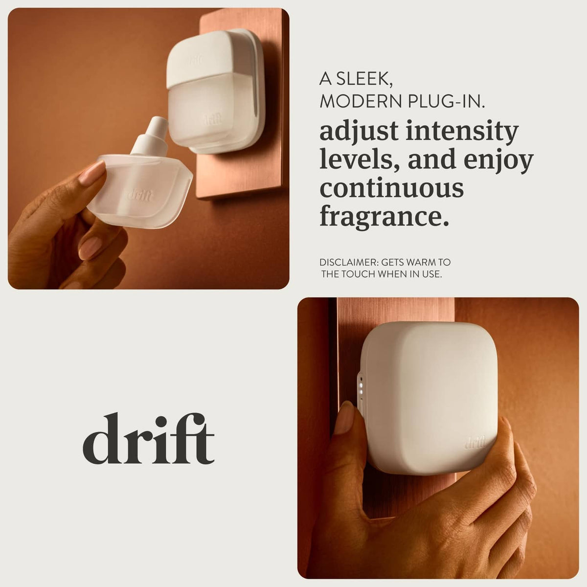 White plug-in home scent diffuser with front cover, held in hand