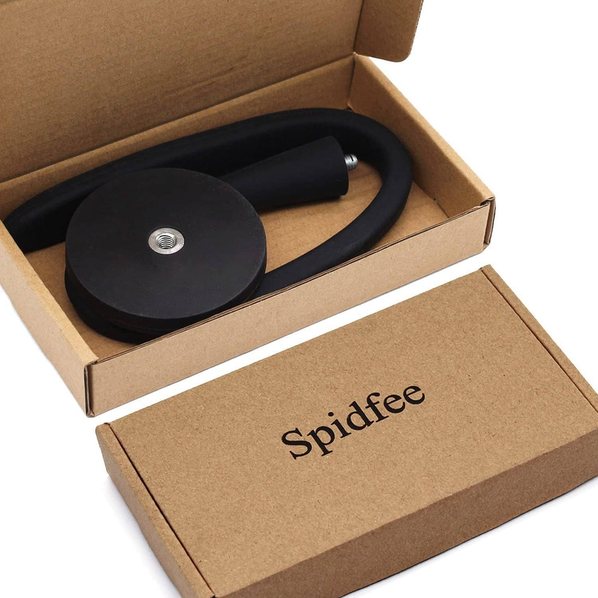 Black magnetic flexible washer door prop set in cardboard box with curved support