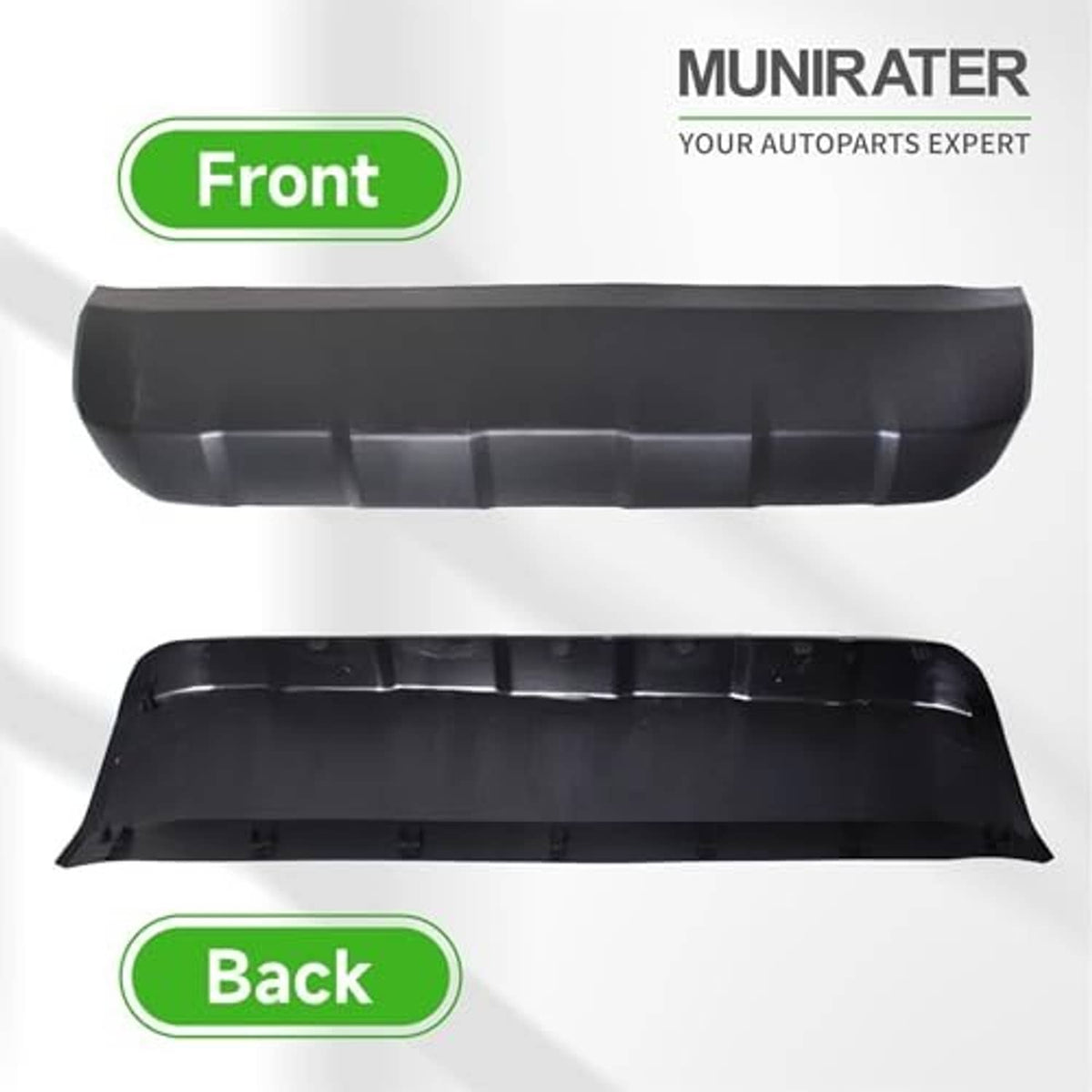 Black front bumper lower skid plate panel shown for front and back mounting views