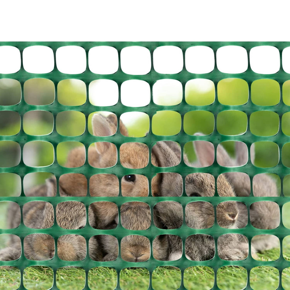 Green plastic mesh fence barrier with small square openings behind animals