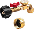 Brass propane refill elbow adapter with black hose end, red valve, and gauge